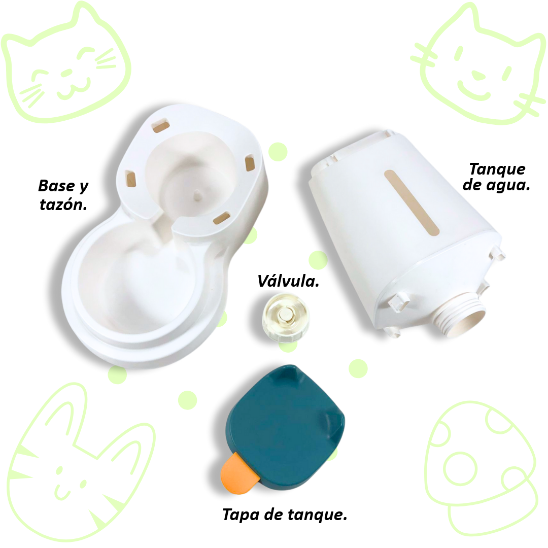 Bebedero GATITO con válvula de auto abasto automática, capacidad de 3.1 litros de agua, color AZUL, VERDE y BLANCO.