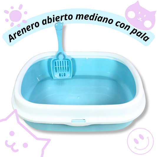 Arenero/Inodoro abierto mediano con pala, capacidad de 2 Kg de arena, resistente a golpes y rasguños. Colores: Azul, rosa y verde.